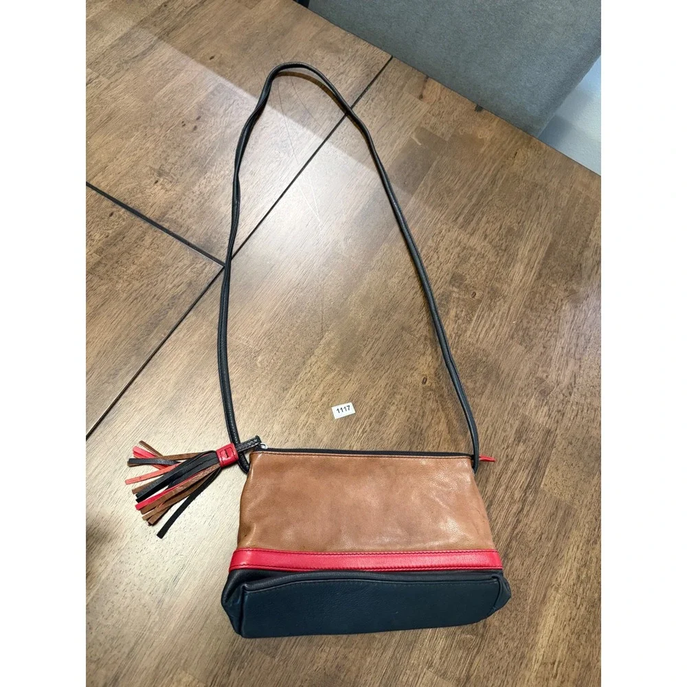ili‎ New York Genuine Leather Colorblock Crossbody Bag Brown Red Black Tassel